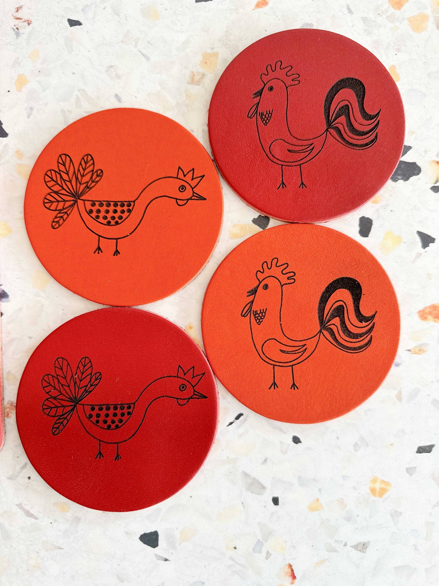 Chicken and Rooster Leather Coasters, set of two- SQUARE: Orange