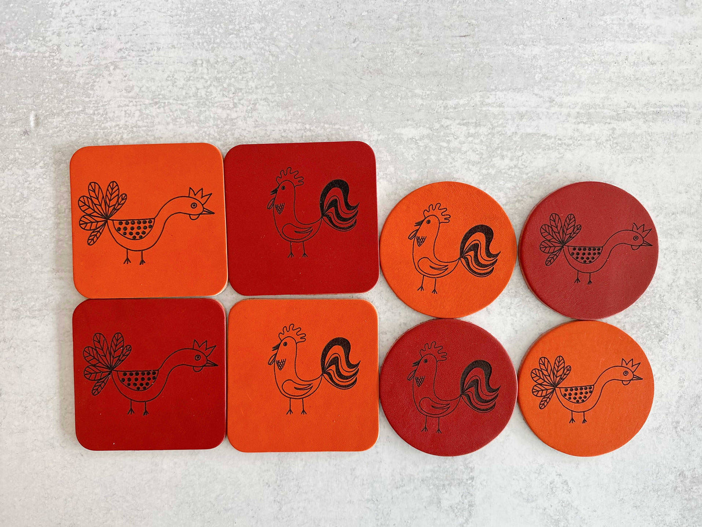 Chicken and Rooster Leather Coasters, set of two- ROUND: Red