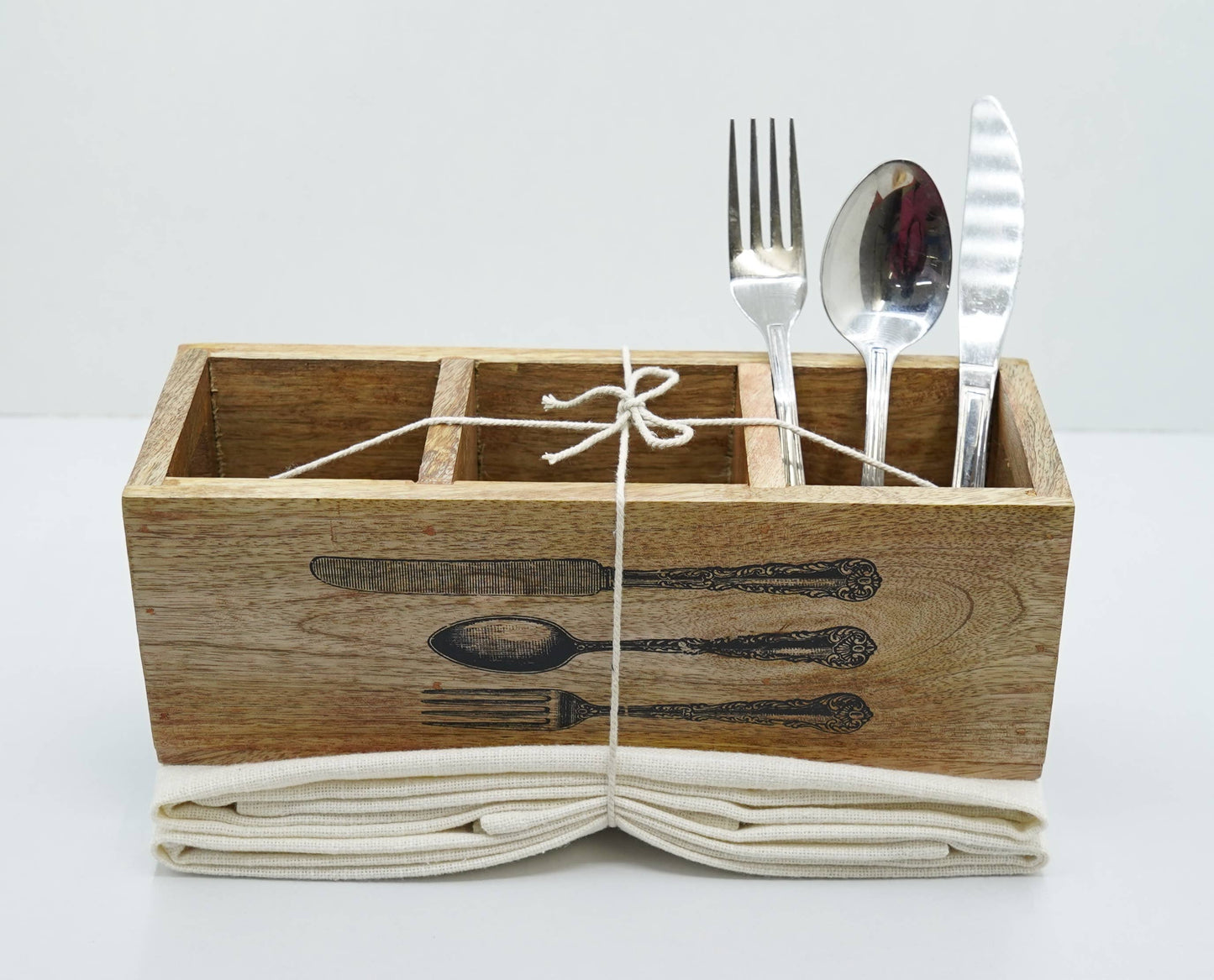 Gift Set - Set Of 2 Kitchen Towels & Wooden Cutlery Holder