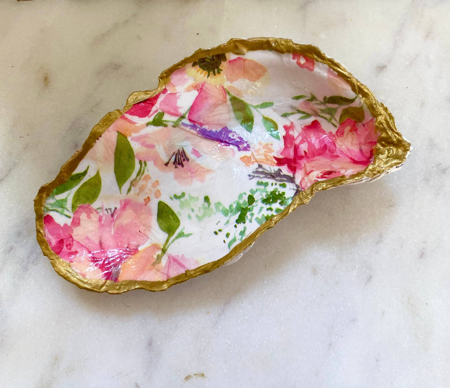 Pink Floral Oyster Shell Jewelry Dish
