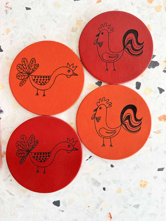 Chicken and Rooster Leather Coasters, set of two- ROUND: Red
