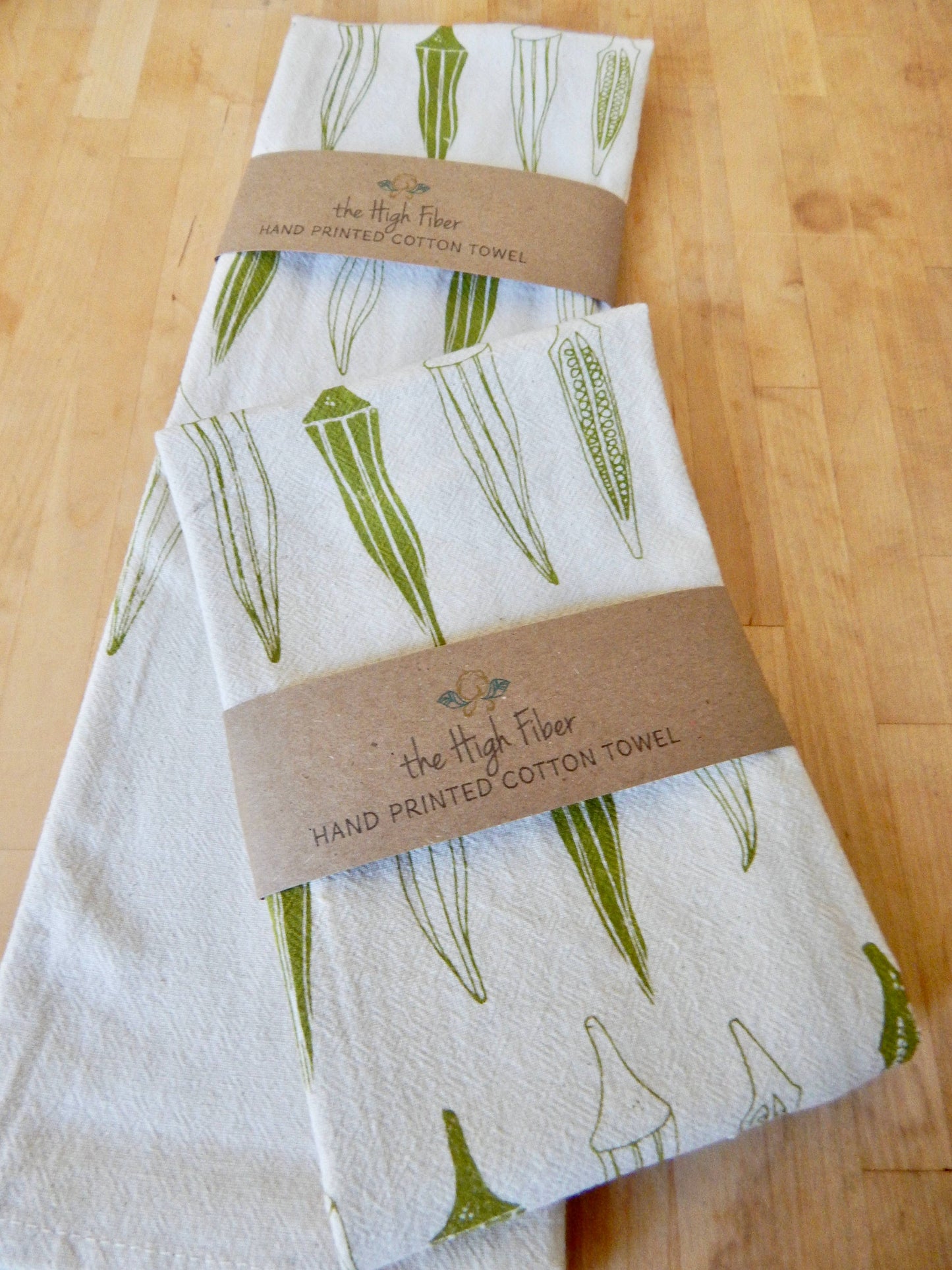 *New* Kitchen Towel, Okra, Handprinted Hand Towel