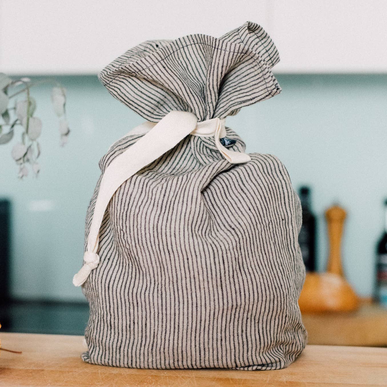 Striped Linen Bread Bag With Dark Blue/Natural Stripes