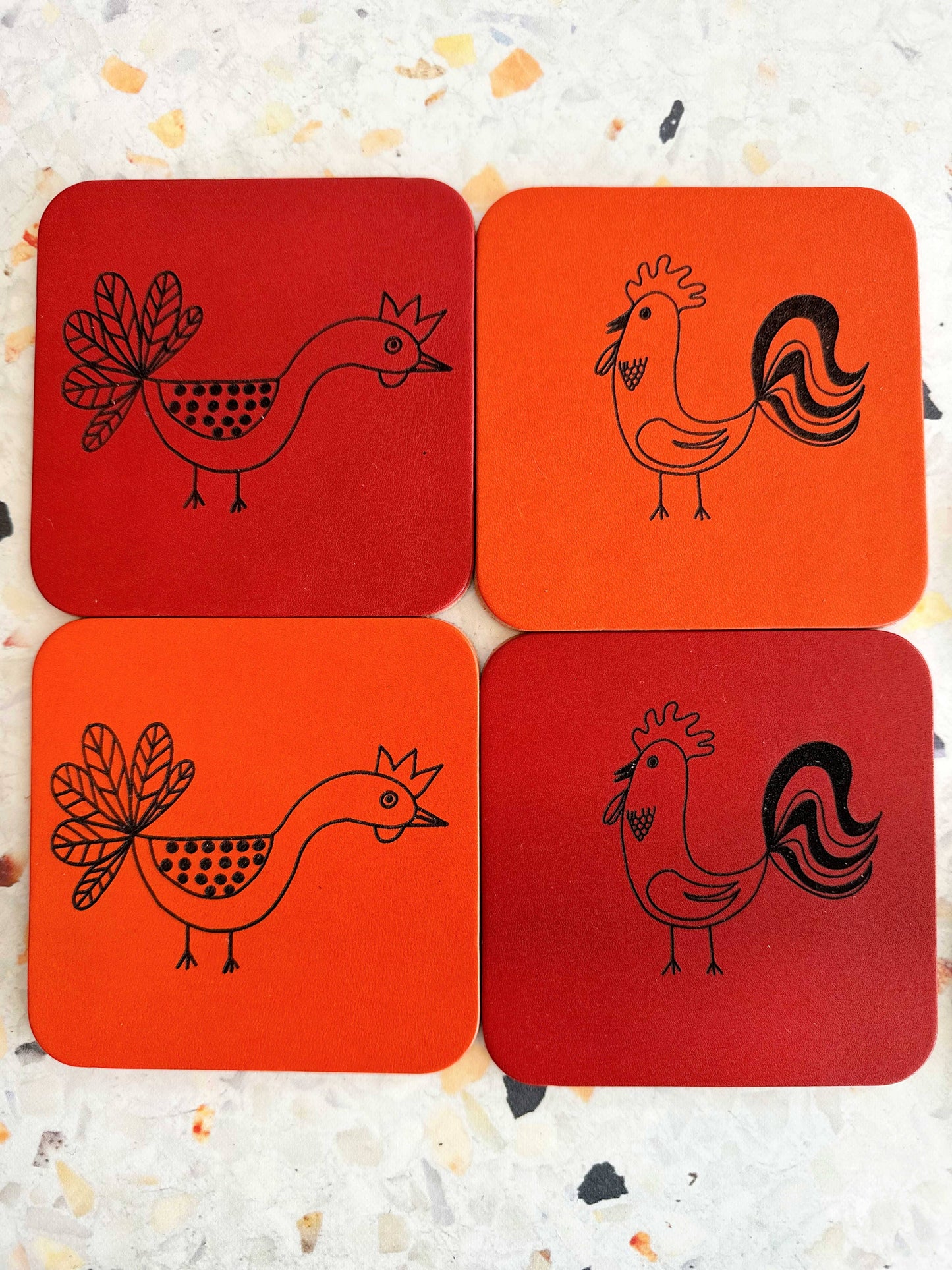 Chicken and Rooster Leather Coasters, set of two- SQUARE: Orange