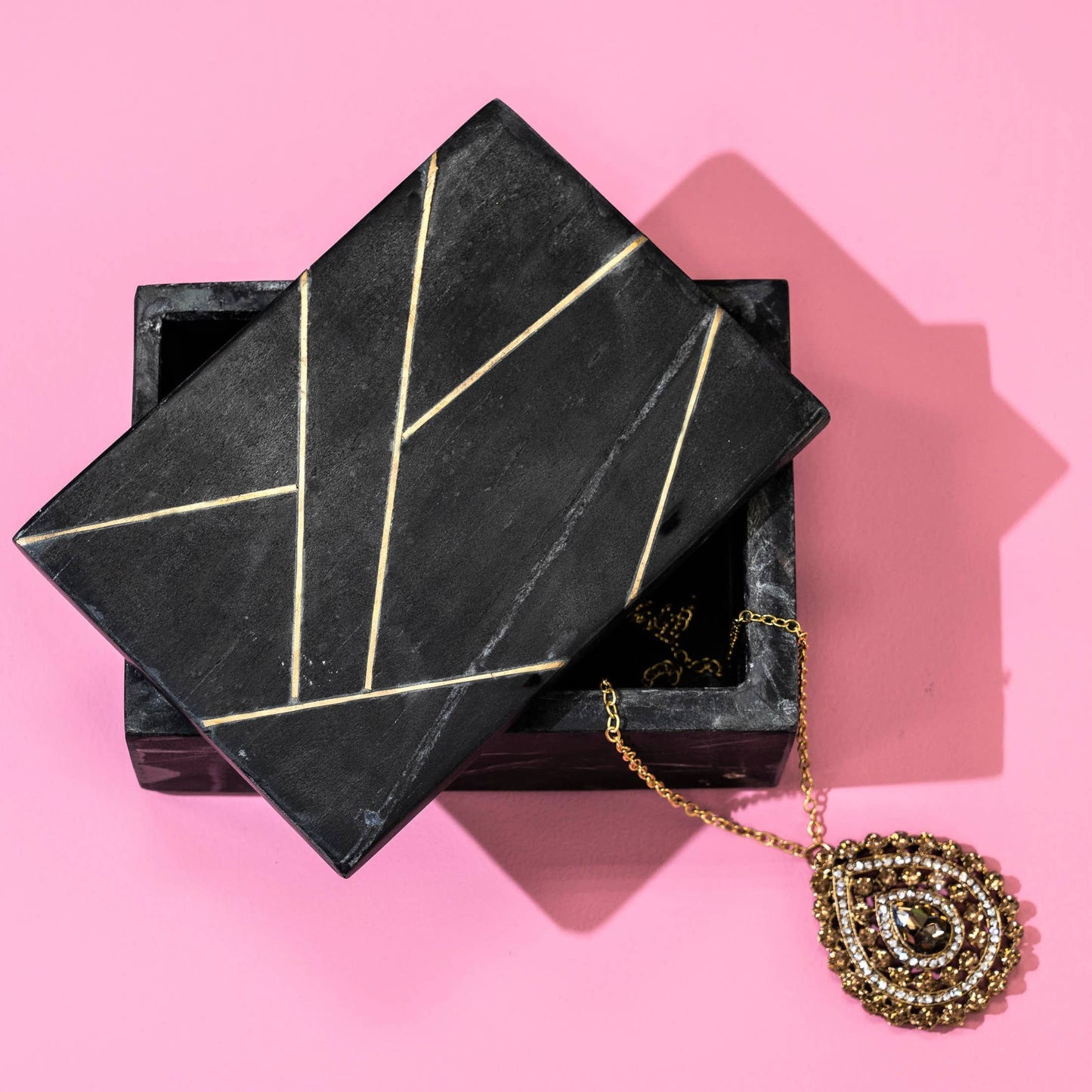 Black Marble Jewelry Box w/ Brass Inlay Lid